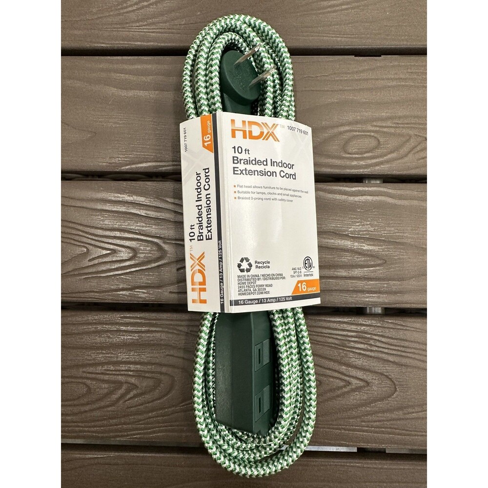 HDX 10 ft. 16-Gauge Green Braided Extension Cord Indoor Use 3 Outlets
